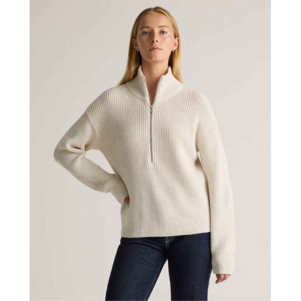 Quince Australia Merino Wool Half Zip Sweater Long Sleeve Heather Bone Medium
